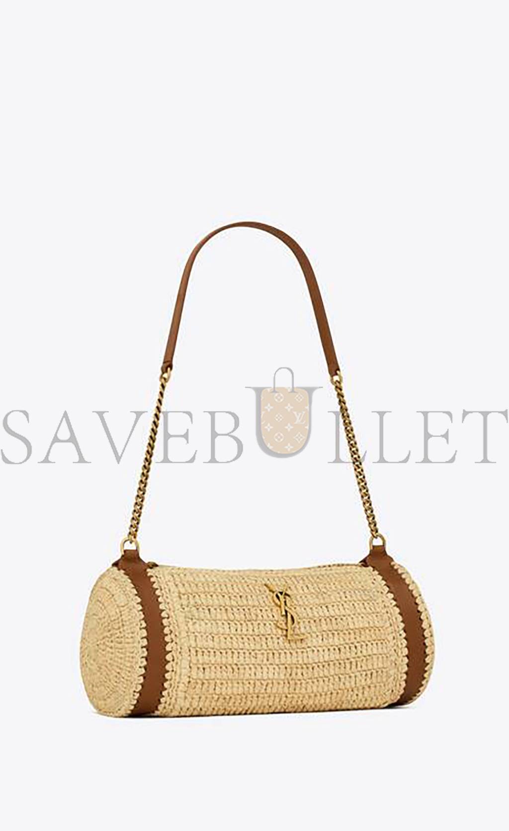 YSL CASSANDRE SMALL CYLINDRIC BAG IN RAFFIA AND VEGETABLE-TANNED LEATHER 744504GAABN2080 (24.5*11*11cm)