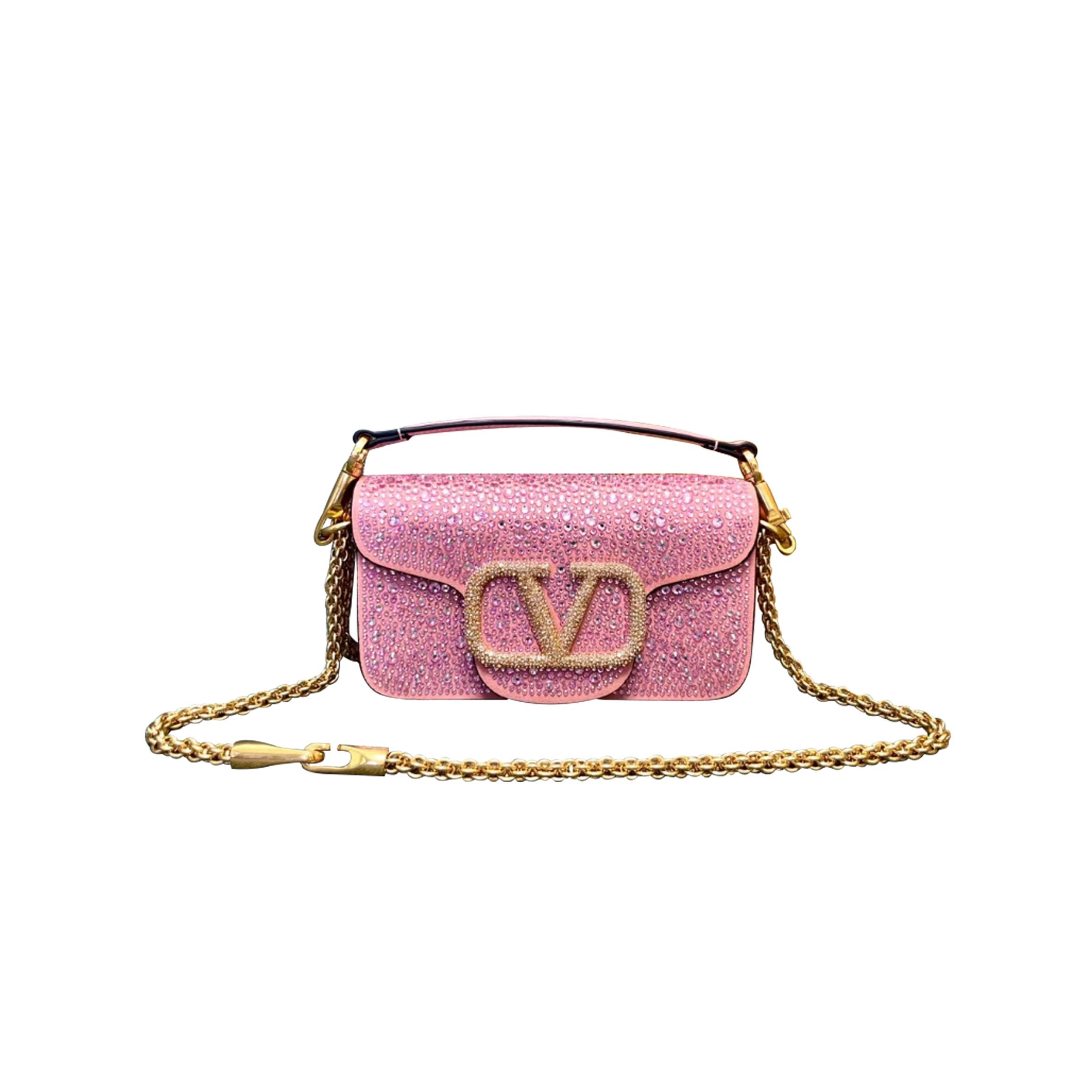 VALENTINO GARAVANI LOCÒ PINK SMALL RHINESTONES SHOULDER BAG (20*11*5cm)