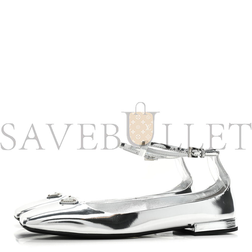 PRADA METALLIC CALFSKIN METAL TRIANGLE LOGO ANKLE STRAP BALLERINAS 36.5 SILVER