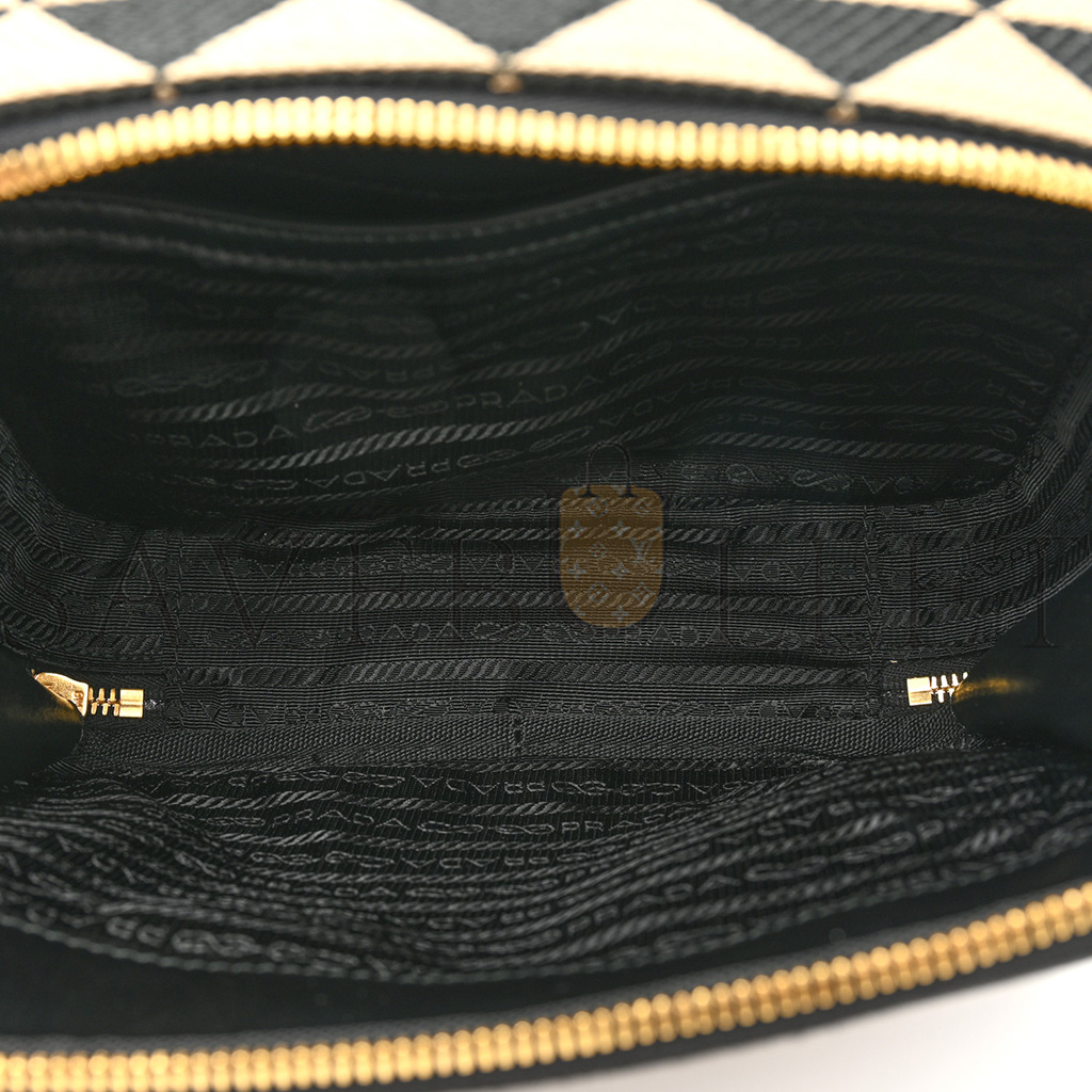 PRADA JACQUARD SAFFIANO TRIANGOLO SYMBOLE EMBROIDERED SMALL SHOULDER BAG BLACK CORDA (23*17*7cm)