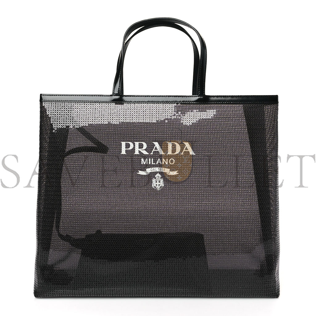 PRADA MESH SEQUIN SPAZZOLATO LOGO TOTE BLACK (36*30*9cm)