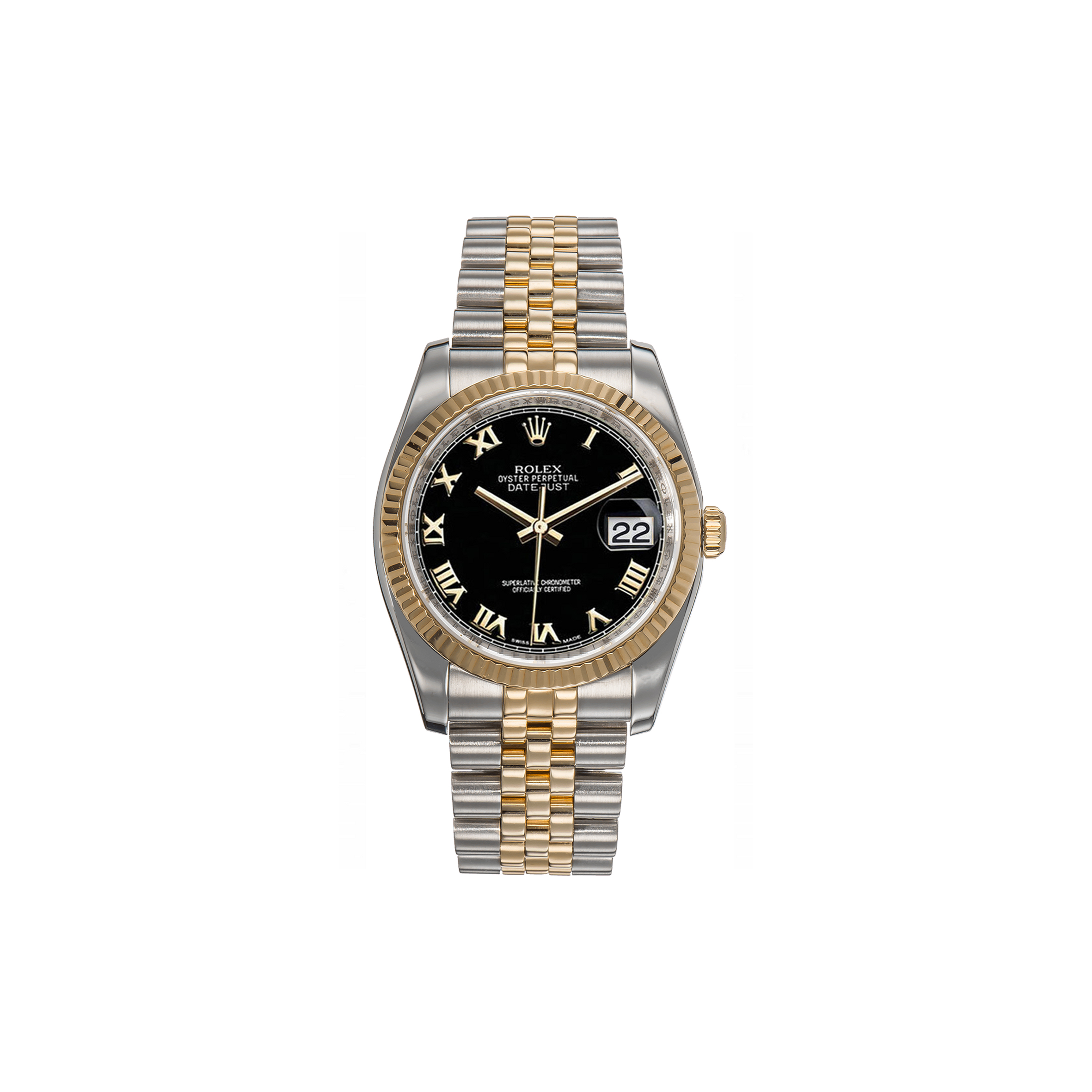 ROLEX DATEJUST FLUTED BEZEL BLACK ROMAN DIAL WATCH 116233