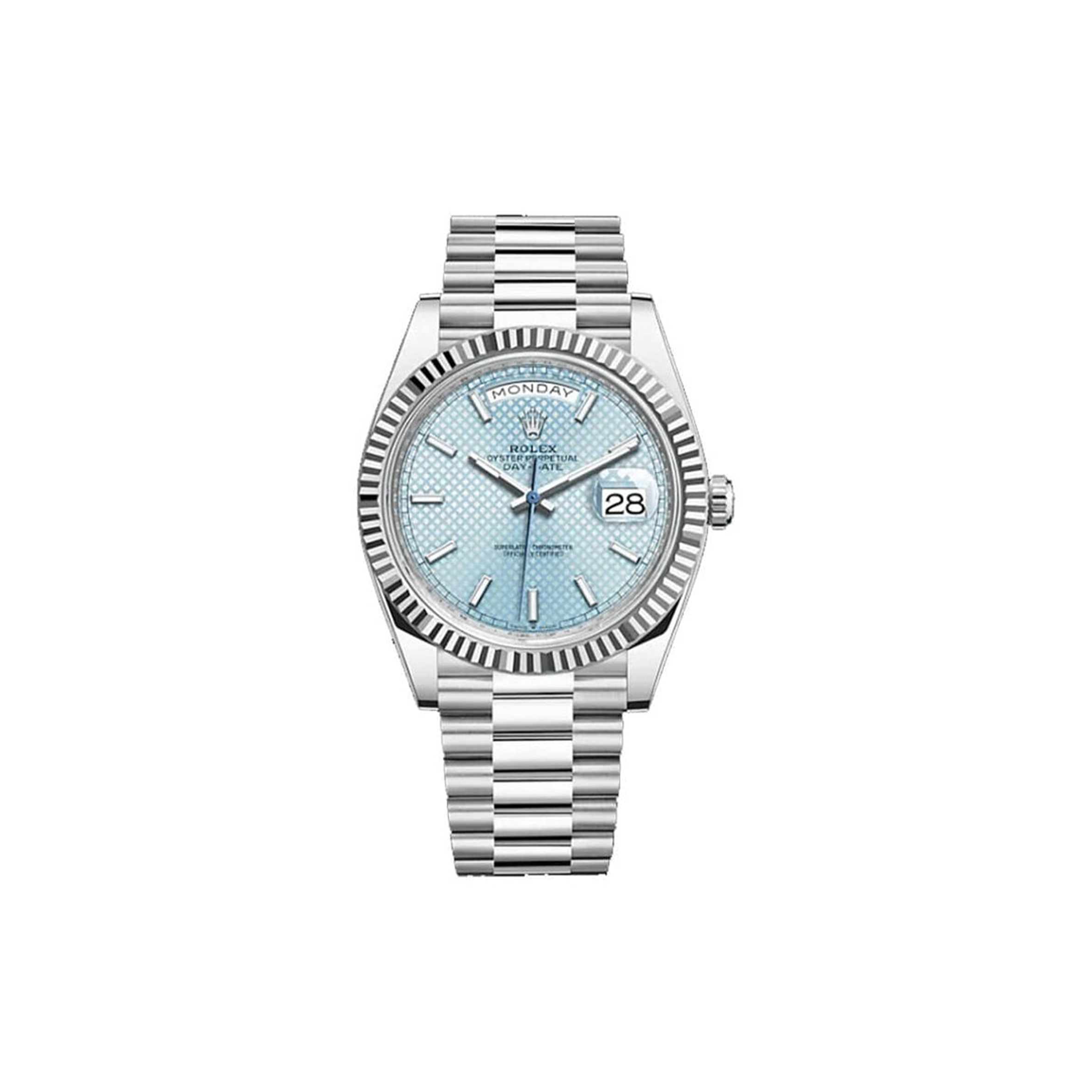 ROLEX DAY-DATE ICE BLUE, DIAGONAL MOTIF 40MM WATCH 228236