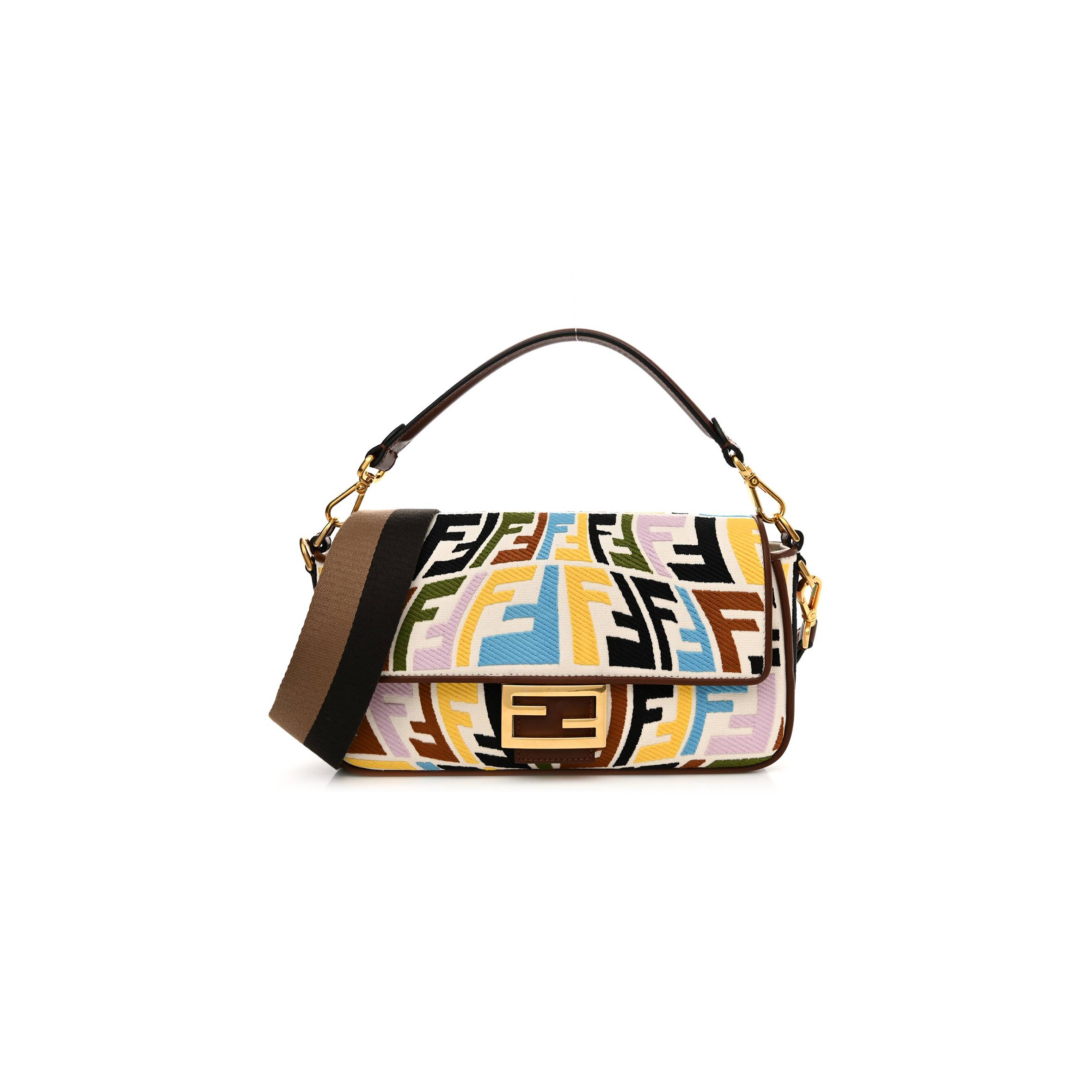 FENDI X SARA COLEMAN CANVAS VITELLO KING SETA FF FISH EYE EMBROIDERED BAGUETTE GREZZO MULTICOLOR GHIANDA (28*15*6cm)