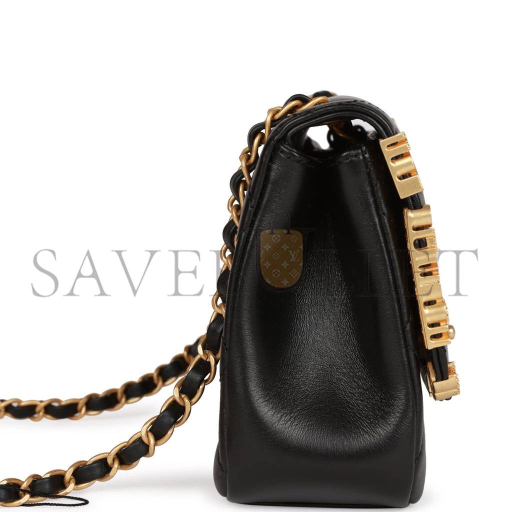 CHANEL MONACO MINI FLAP BAG BLACK LAMBSKIN ANTIQUE GOLD HARDWARE (19*13*8cm)