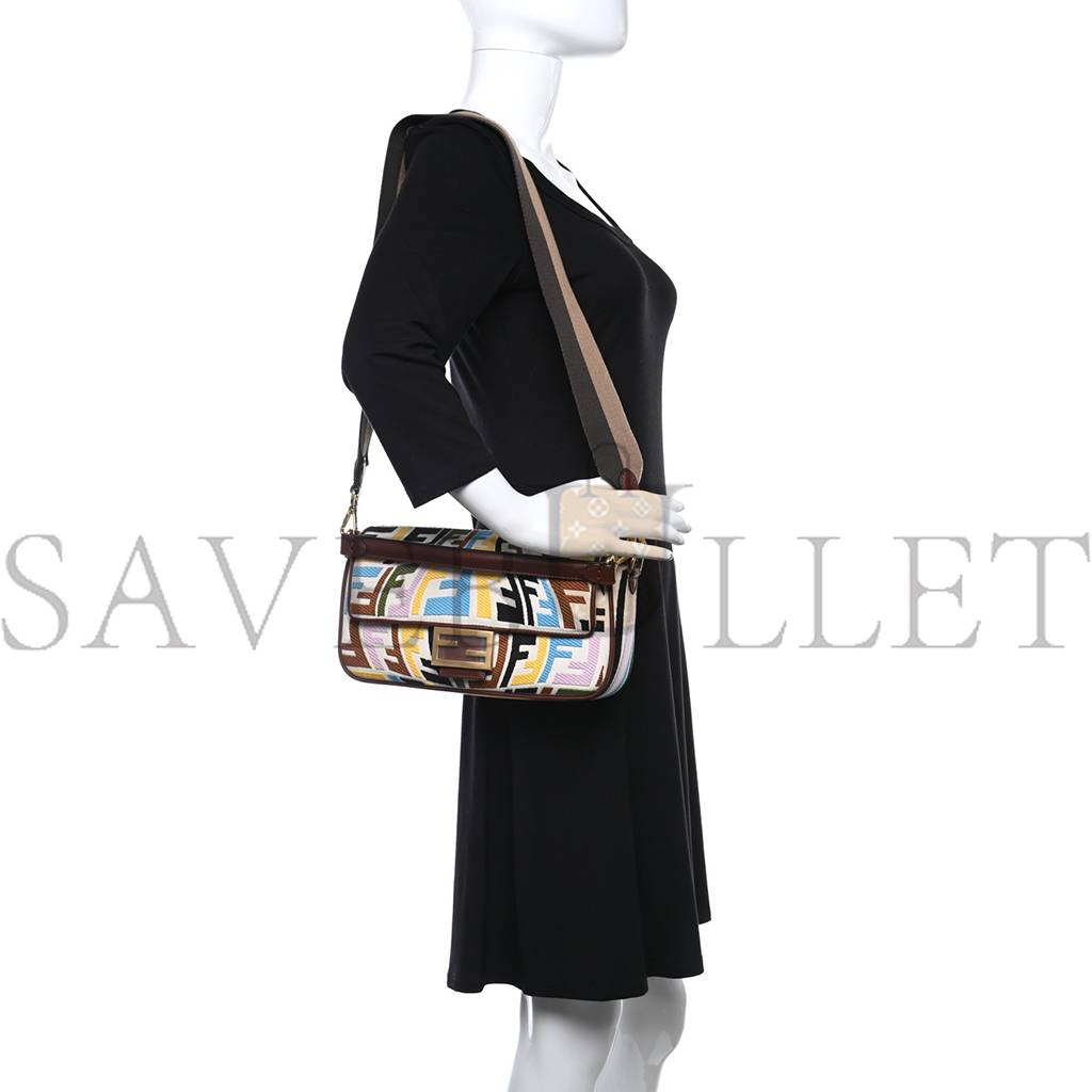 FENDI X SARA COLEMAN CANVAS VITELLO KING SETA FF FISH EYE EMBROIDERED BAGUETTE GREZZO MULTICOLOR GHIANDA (28*16*6cm)